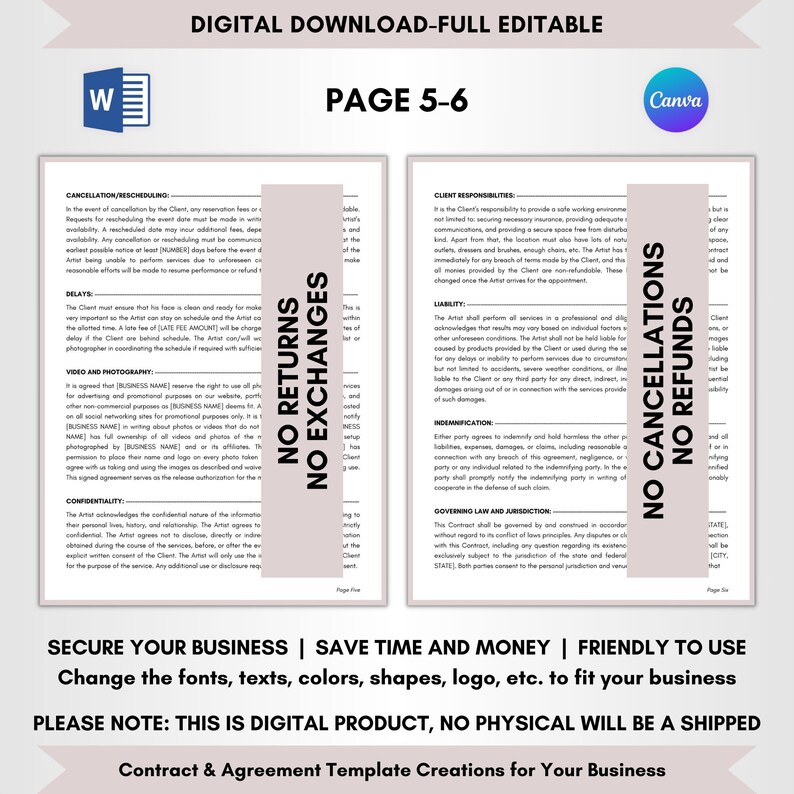 Contract Templates, Agreement Templates, Service Contract, Editable Contract, DIY Editable CANVA-MS Word, Bridal Make Up Artist Service Contract, MUA Service Agreement, Make Up Artist Terms, Bridal Make Up Forms, Bride Make Up Deal, MUA Legal Forms