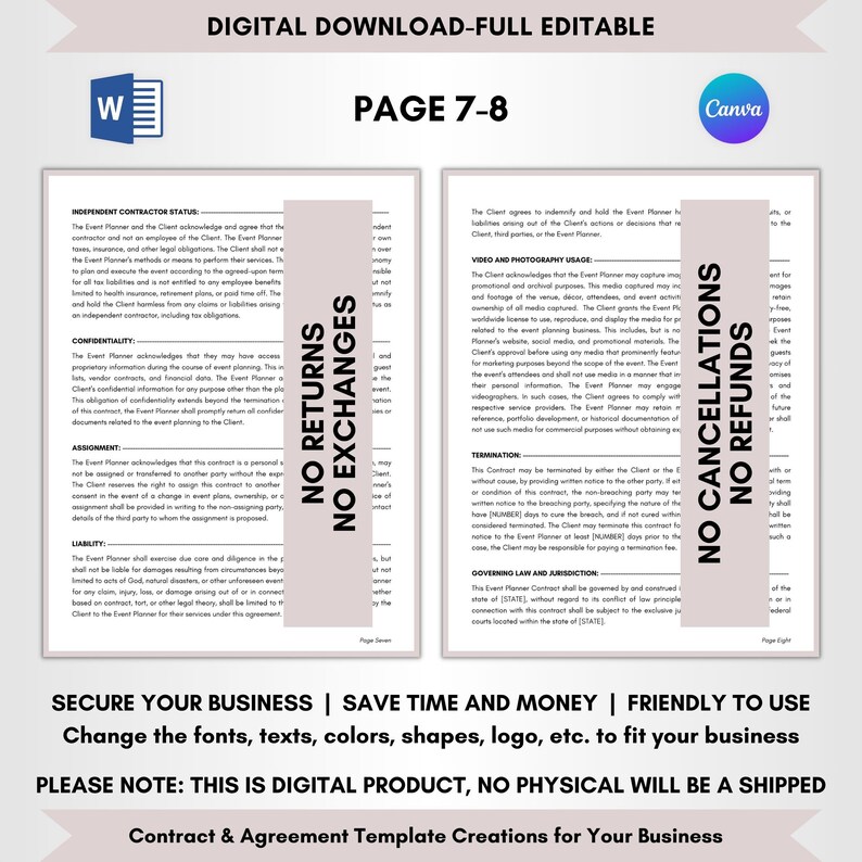 Contract Templates, Agreement Templates, Service Contract, Service Agreement, Event Planner Contract, Event Planning Agreement, Event Organizing Terms, Event Organizer Forms, Planner Legal Policy, Event Guidance Doc, Editable Contract, CANVA-MS Word