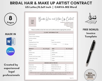 Bridal Hair And Make Up Contract Template, 8 Pages DIY Editable, Bridal Hair-MUA Agreement, Beauty Artist Terms, Bride Beauty Legal Forms