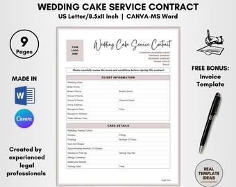 Vertragsvorlage für Hochzeitstortenservice, 9 Seiten, DIY editierbar, Hochzeitsdessertvereinbarung, Formulare für Hochzeitsbäckerei, Geschäftsbedingungen für Kuchen, Hochzeitsbäcker