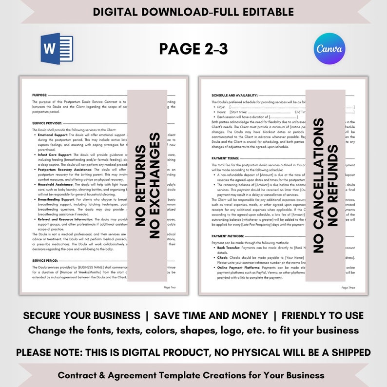 Contract Templates, Agreement Templates, Service Contract, DIY Editable, CANVA-MS Word, Editable Contract, Postpartum Doula Service Contract, Postpartum Support Agreement, Postpartum Wellness Terms, Doula Service Forms, Birth Helper, Birth Assistance