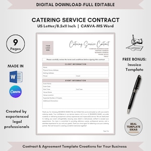 May include: A printable catering service contract template in a light pink and gray color scheme. The template includes sections for client information, event information, and a thank you message. The text "Catering Service Contract" is in a decorative font. The template is made in Microsoft Word and Canva.