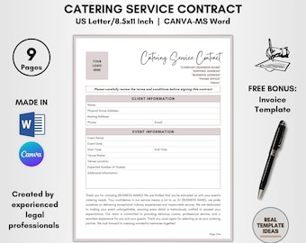 Catering Service Contract Template, 9 Pages DIY Editable, Caterer Agreement, Event Cuisine Terms, Food Service Forms, Culinary Service Agree