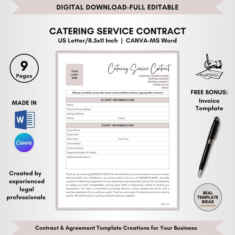 streamline your catering operations | built for... Catering Service Contract Template: DIY Editable, 9 Pages (canva & MS ...