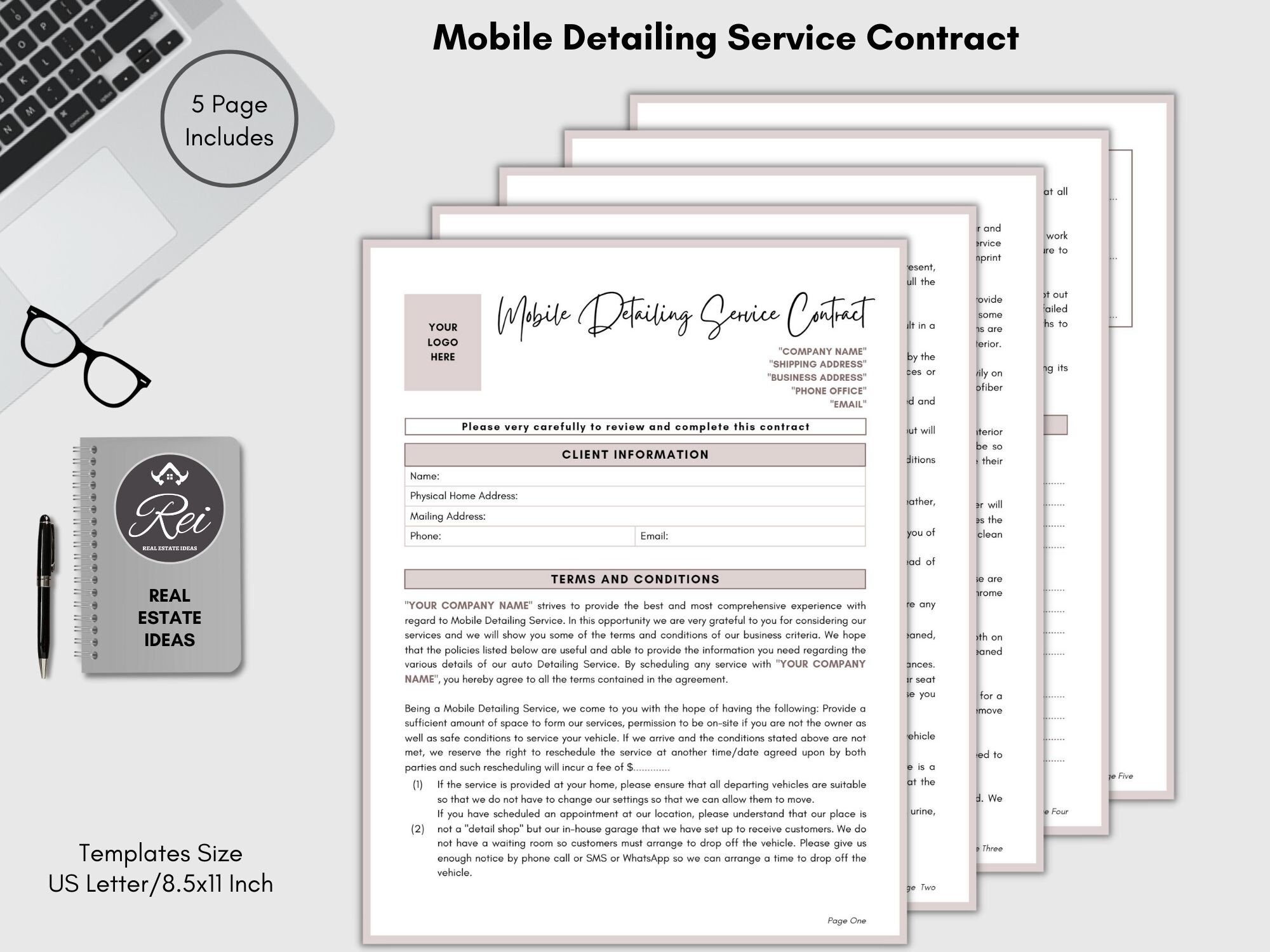 Car Detailing Service Contract 5 Page DIY Editable Canva Etsy