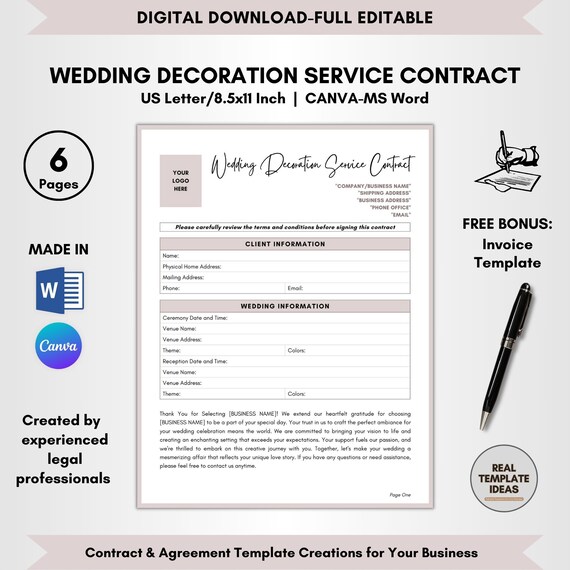 Wedding Decoration Service Contract Template: DIY Editable (Canva & MS Word)
