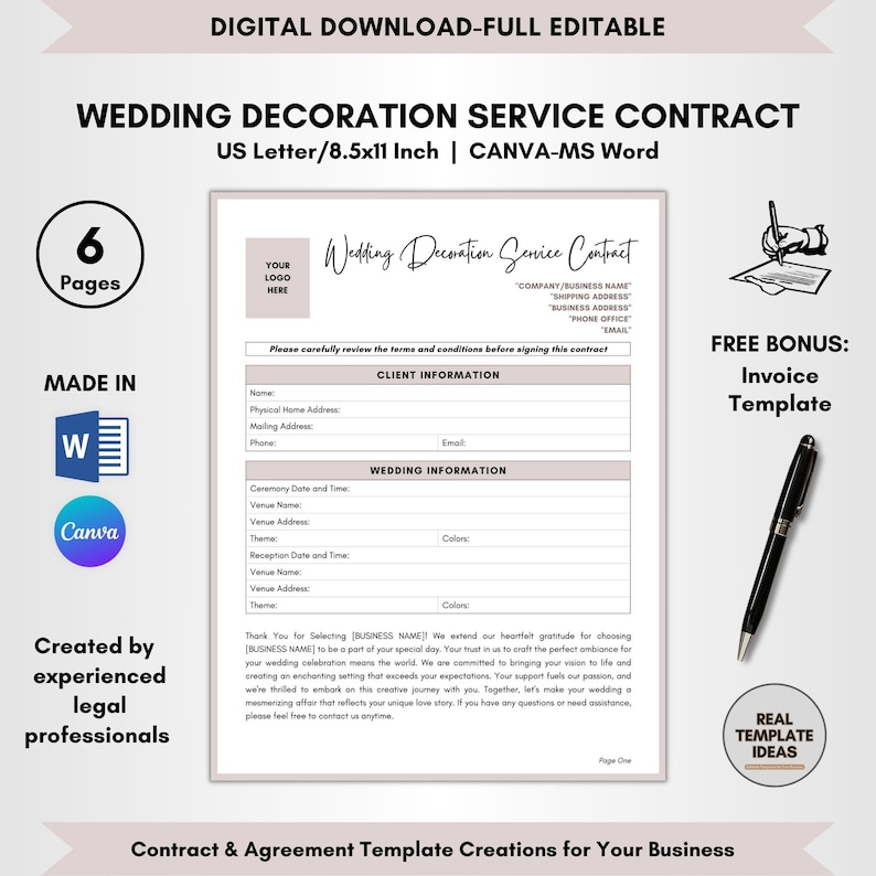 Contract Templates, Agreement Templates, Service Contract, Editable Contract, DIY Editable, CANVA-MS Word Template, Wedding Decoration Service Contract, Wedding Decorator Agreement, Wedding Art Forms, Marriage Decoration Terms, Wedding Decor Terms