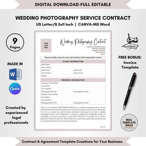 Wedding Photography Service Contract Template, 9 Pages DIY Editable Template, Wedding Photographer Agreement, Template on CANVA-MS Word