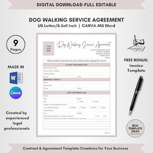 以下が含まれることがあります： 薄いピンクと白のカラーリングで印刷可能な犬の散歩サービス契約書テンプレート。テンプレートには、顧客情報、緊急連絡先、犬の情報に関するセクションが含まれています。ページの上部には「Dog Walking Service Agreement」というテキストが大きく太字で表示されています。このテンプレートは、Microsoft Word と Canva で使用するために設計されています。