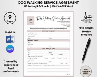 Dog Walking Service Agreement Template, 9 Pages DIY Editable, Dog Walker Service Contract, Canine Walk Forms, Pet Walk Terms, CANVA-MS Word