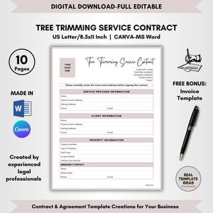 Tree Trimming Service Contract Template, 10 Pages DIY Editable, Tree Trimming Agreement, Tree Care Terms, Arborist Service Forms, CANVA-Word