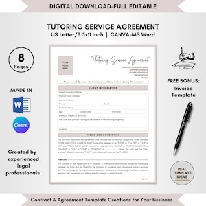 Tutoring Service Agreement Template, 8 Pages DIY Editable, Private Tutor Contract, Learn Legal Docs, Educator Forms, Template CANVA-MS Word