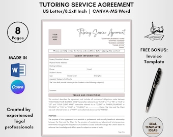 Tutoring Service Agreement Template: Editable Tutor Contract (CANVA & MS Word) (Digital Download)