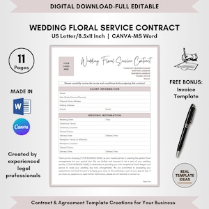 Wedding Floral Service Contract Template, 11 Pages DIY Editable, Wedding Florist Agreement, Flower Service Terms, Template on CANVA-MS Word