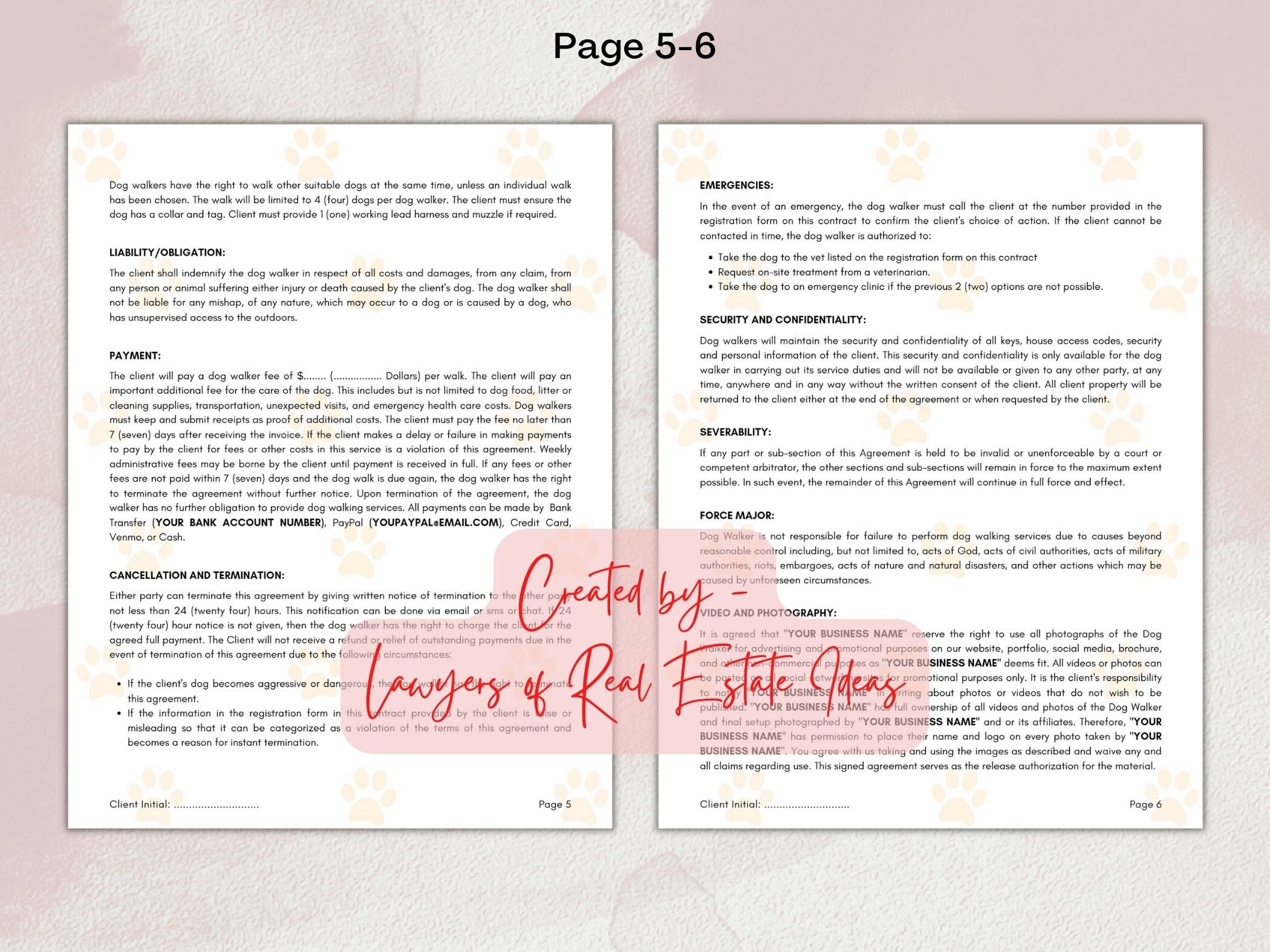 Dog Walking Service Agreement, 8 Page DIY Editable Canva Template, Dog