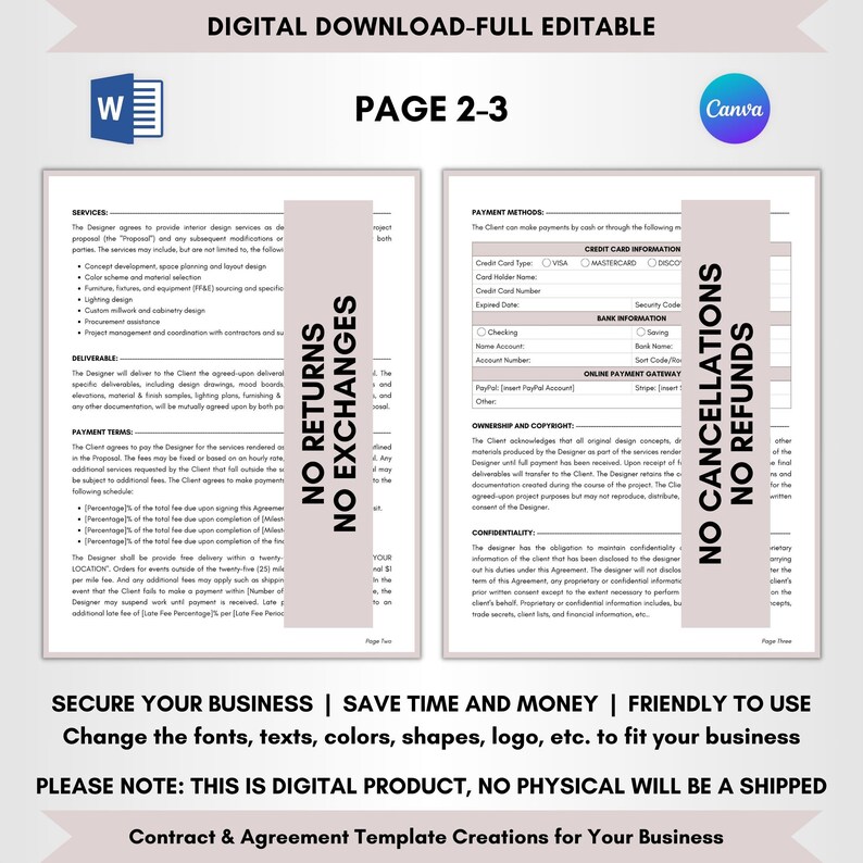 Contract Templates, Agreement Templates, Service Contract, Service Terms, DIY Editable, CANVA-MS Word, Editable Contract, Interior Design Service Contract, Interior Designer Agreement, Room Designer Terms, Room Style Service Forms, Home Design Policy