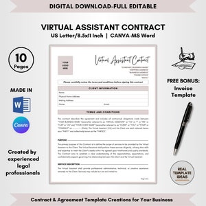 May include: A virtual assistant contract template in a light pink and white color scheme. The template is designed for use with Microsoft Word and Canva. The contract includes sections for client information, terms and conditions, and service description. The template also includes a free bonus invoice template.