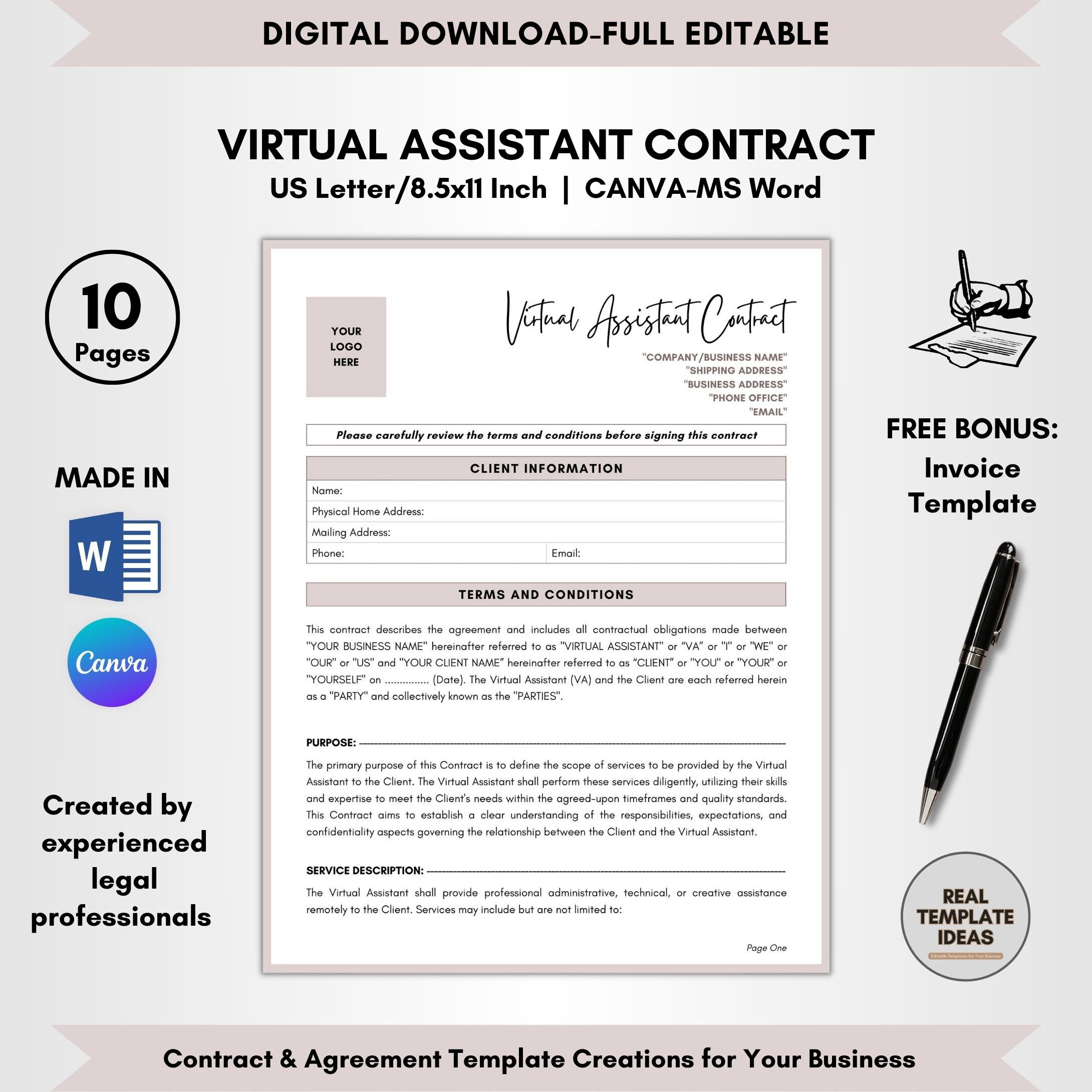 Virtual Assistant Contract Template: DIY Editable, 10-page VA Agreement ...