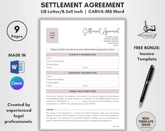 Settlement Agreement Template: 9 Pages DIY Editable Contract (Canva & MS Word)