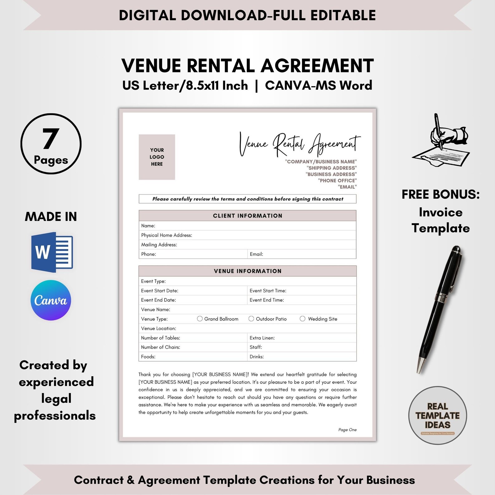 Venue Rental Agreement Template, 7 Pages DIY Editable, Venue Rental ...
