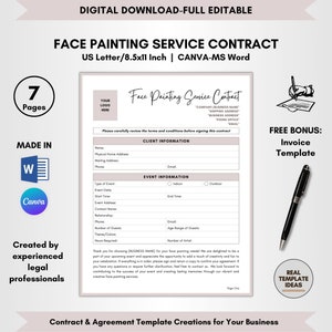 Face Painting Service Contract Template, 7 Pages DIY Editable, Face Painter Agreement, Face Colors Terms, Face Artistry Forms, Face Art Term