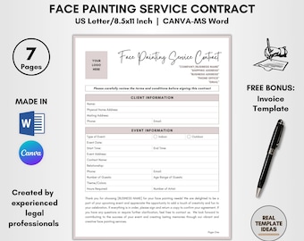 Face Painting Service Contract Template, 7 Pages DIY Editable, Face Painter Agreement, Face Colors Terms, Face Artistry Forms, Face Art Term