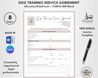 Dog Training Service Agreement Template, 8 Pages DIY Editable, Dog Trainer Contract, Dog Behavior Train Terms, K9 Service Forms, Teach Dog