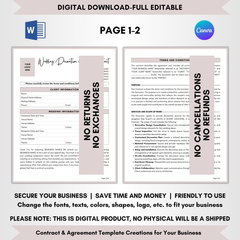 Contract Templates, Agreement Templates, Service Contract, Editable Contract, DIY Editable, CANVA-MS Word Template, Wedding Decoration Service Contract, Wedding Decorator Agreement, Wedding Art Forms, Marriage Decoration Terms, Wedding Decor Terms