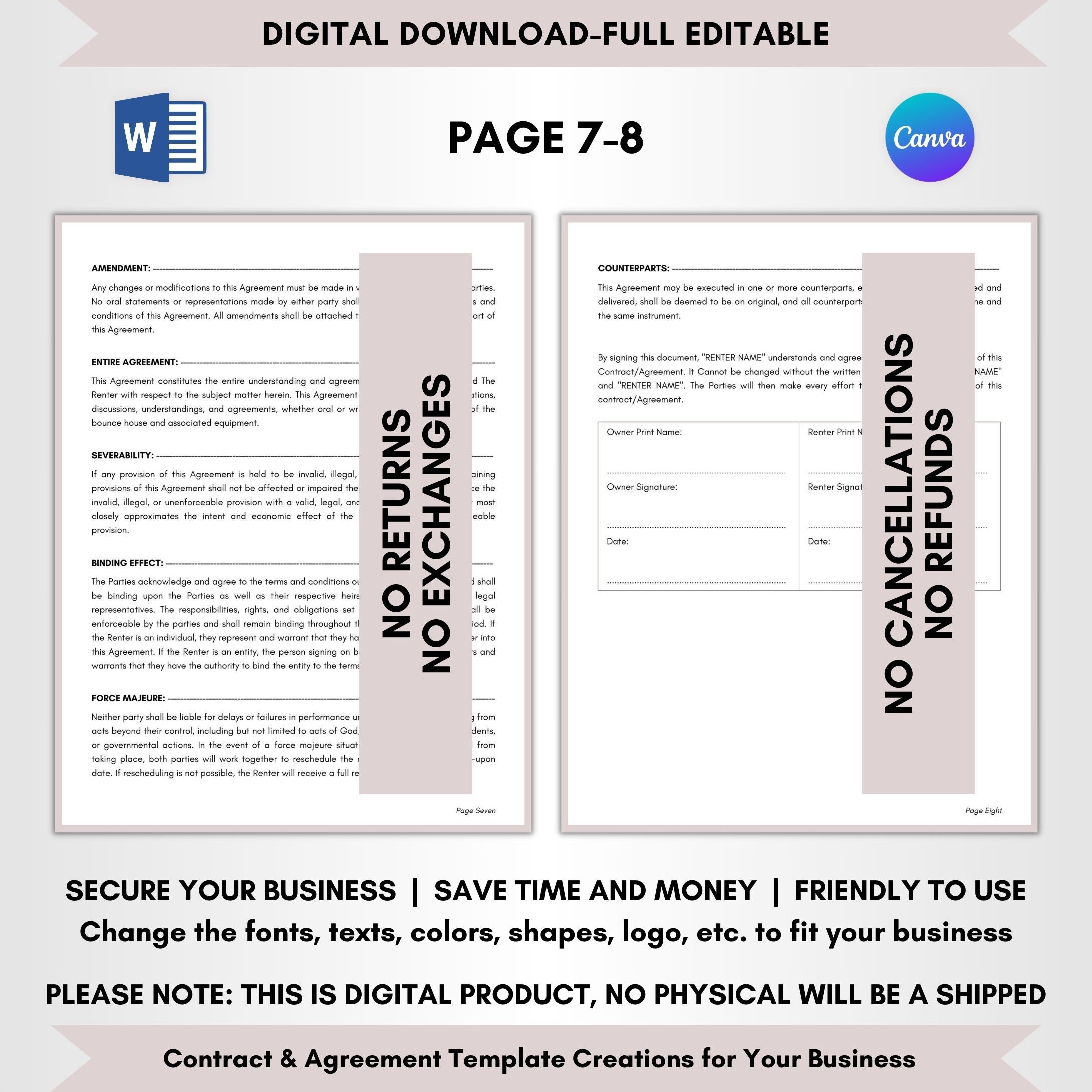 Bounce House Rental Agreement Template 8 Pages Editable DIY Contract