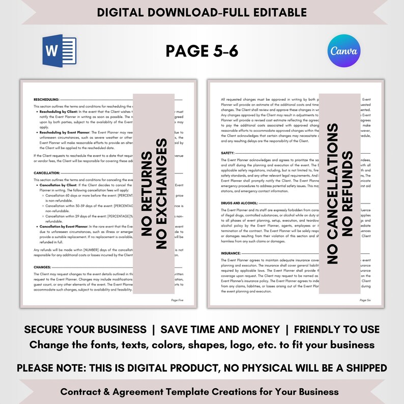 Contract Templates, Agreement Templates, Service Contract, Service Agreement, Event Planner Contract, Event Planning Agreement, Event Organizing Terms, Event Organizer Forms, Planner Legal Policy, Event Guidance Doc, Editable Contract, CANVA-MS Word