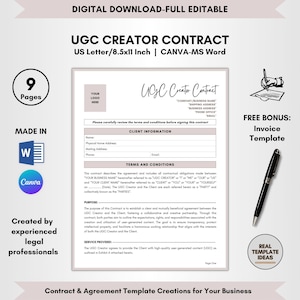UGC Content Creator Contract Template, 9 Pages DIY Editable, UGC Service Agreement, Content Creator Terms, Content Collaboration Forms