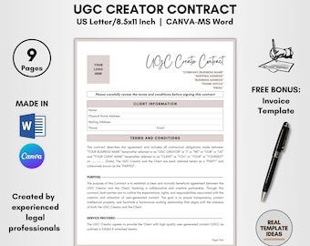 UGC Content Creator Contract Template, 9 Pages DIY Editable, UGC Service Agreement, Content Creator Terms, Content Collaboration Forms