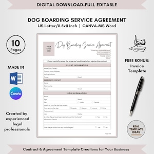 Dog Boarding Service Agreement Template, 10 Page DIY Editable, Dog Boarder Contract, Dog Hotel Forms, Dog Stay Terms, CANVA-MS Word Template