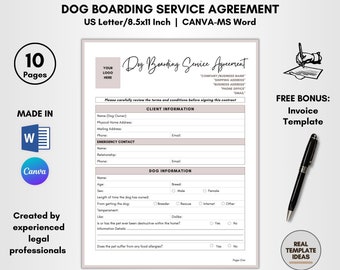 Dog Boarding Service Agreement Template, 10 Page DIY Editable, Dog Boarder Contract, Dog Hotel Forms, Dog Stay Terms, CANVA-MS Word Template