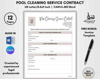 Pool Cleaning Service Contract Template: DIY Editable (Canva & MS Word)