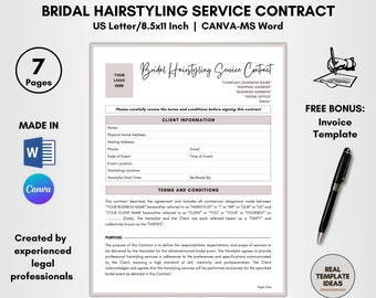 Bridal Hairstyling Service Contract Template: Editable DIY Forms (Canva & MS Word)