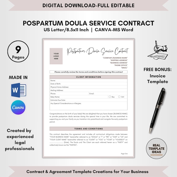 Postpartum Doula Service Contract Template: Customizable Agreement (Canva & MS Word, Digital Download)
