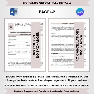 Contract Templates, Agreement Templates, Service Contract, Editable Contract, DIY Editable CANVA-MS Word, Bridal Make Up Artist Service Contract, MUA Service Agreement, Make Up Artist Terms, Bridal Make Up Forms, Bride Make Up Deal, MUA Legal Forms