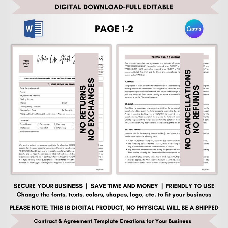 Contract Templates, Agreement Templates, Service Contract, Editable Contract, DIY Editable CANVA-MS Word, Bridal Make Up Artist Service Contract, MUA Service Agreement, Make Up Artist Terms, Bridal Make Up Forms, Bride Make Up Deal, MUA Legal Forms