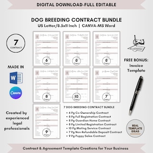 Dog Breeding Contract Template Bundle, 7 Dog Breeder Contract Terms, DIY Editable CANVA-MS Word Template, Dog Breeding Business Forms Bundle