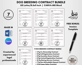 Dog Breeding Contract Template Bundle: 7 DIY Editable Forms (CANVA & MS Word)
