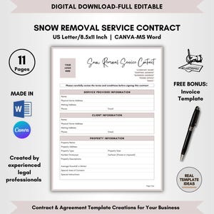 Op de afbeelding: Een afdrukbare sjabloon voor een sneeuwruimingscontract in een lichtroze en grijs kleurenschema. De sjabloon bevat secties voor informatie van de dienstverlener, informatie van de klant en informatie over de eigendom. De tekst "Sneeuwruimingscontract" staat bovenaan de pagina in cursief. De tekst "Gratis bonus: factuursjabloon" staat in de rechterbovenhoek van de pagina.