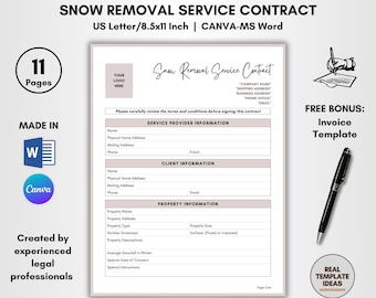 Puede incluir: Una plantilla de contrato de servicio de remoción de nieve imprimible en un esquema de color rosa claro y gris. La plantilla incluye secciones para la información del proveedor de servicios, la información del cliente y la información de la propiedad. El texto "Contrato de servicio de remoción de nieve" está escrito en cursiva en la parte superior de la página. El texto "Bono gratis: Plantilla de factura" está en la esquina superior derecha de la página.