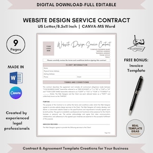 Website Design Service Contract Template, 9 Pages DIY Editable, Website Designer Agreement, Web Build Terms, Web Project Forms, Web Designer