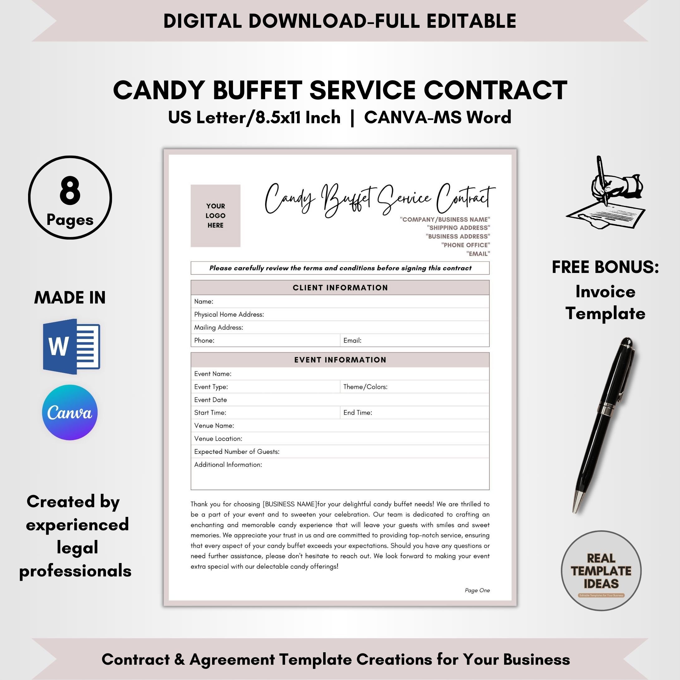 Candy Buffet Service Contract Template, 8 Pages DIY Editable, Event Candy Agreement, Confectionary Terms, Candy Bond Forms, Sugar Service
