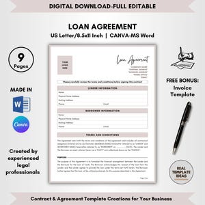 Loan Agreement Template, 9 Pages DIY Editable, Loan Contract, Personal Loan Terms, Money Lending Forms, Debt Lending Policy, Lender Deal Doc