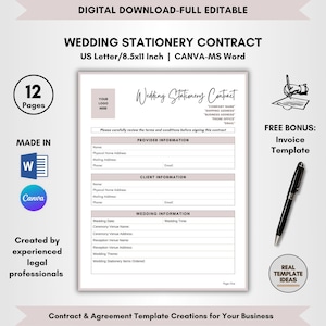 Wedding Stationery Contract Template, 12 Pages DIY Editable, Stationery Service Agreement, Wedding Designs Terms, Stationery Design Forms