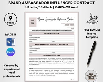 Brand Ambassador Contract Template, Promotional Collaboration Agreement, Influencer Service Forms, Sponsored Content, Endorsement Terms