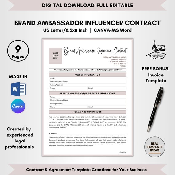 Brand Ambassador Contract Template, Promotional Collaboration Agreement, Influencer Service Forms, Sponsored Content, Endorsement Terms
