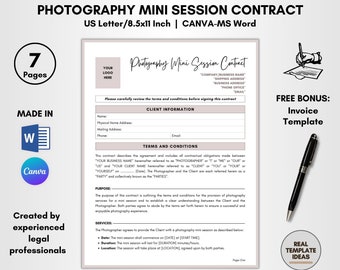 Photography Mini Session Contract, 7 Pages DIY Editable, Mini Session Service Agreement, Quick Session Terms, Mini Shoot Forms, Snap Policy